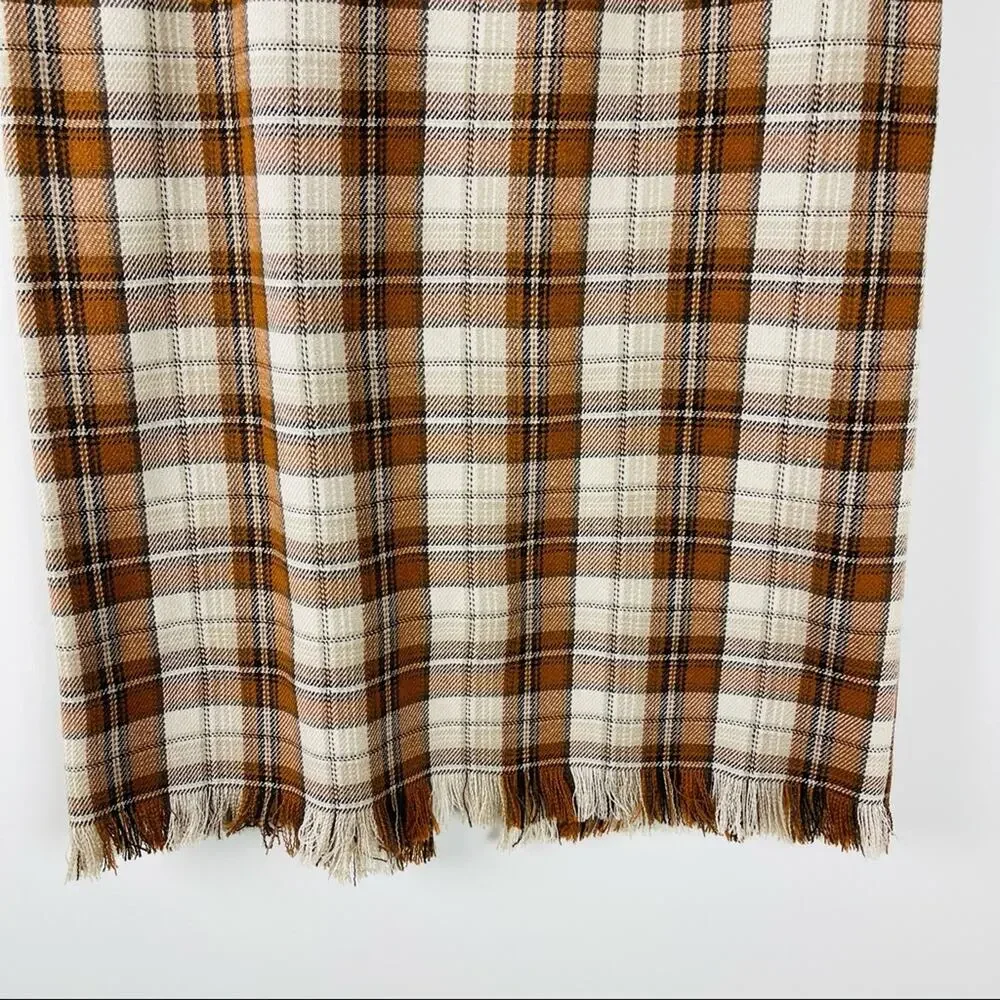 Vintage orange tan plaid preppy academia fringe midi skirt 12P - Picture 3 of 8
